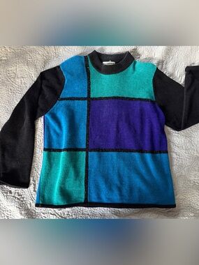 Vintage Colorblock chenille Crewneck Sweater in Teal, Blue & Purple
